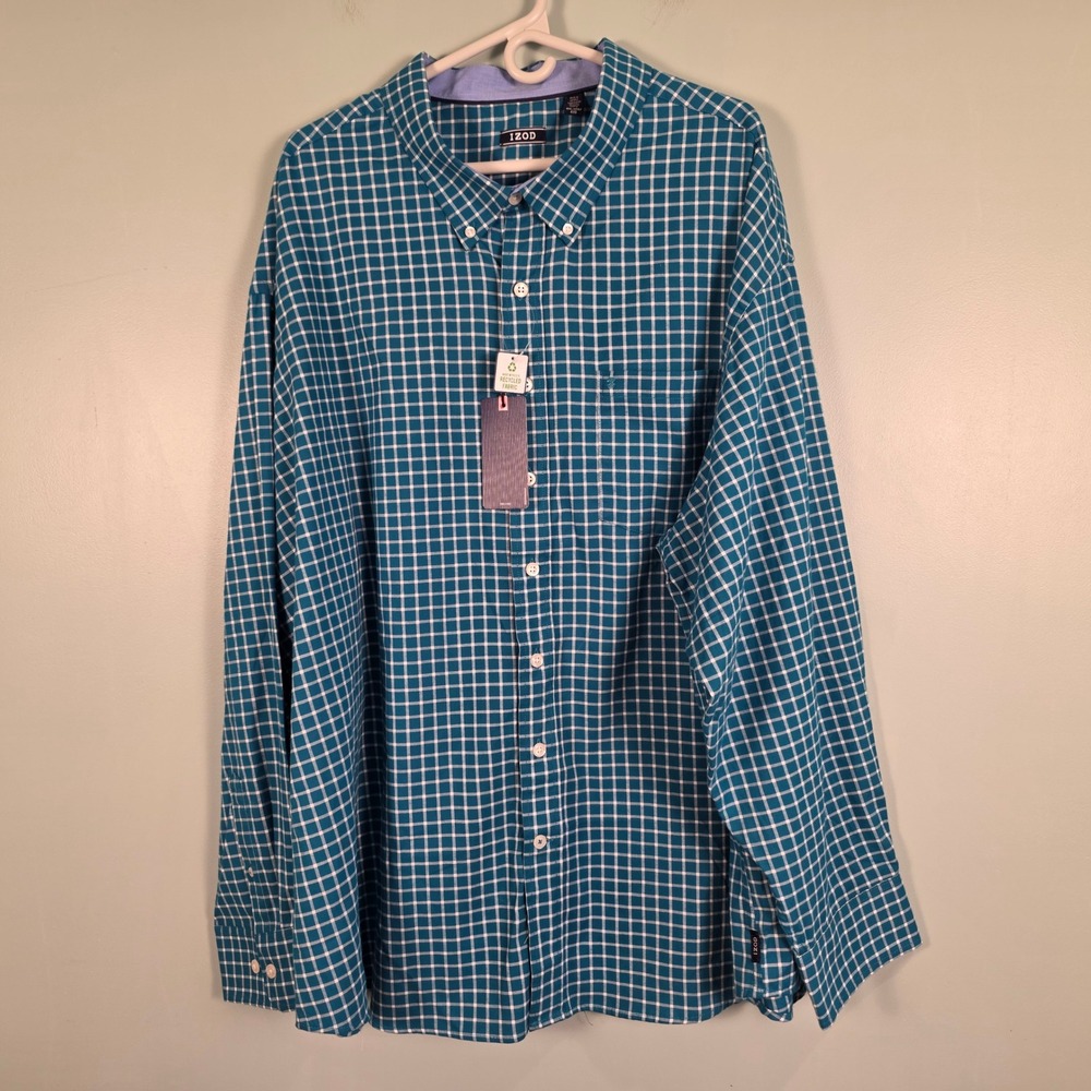 IZOD Mens 4XL Big & Tall Advantage Performance Teal Plaid Button Down Shirt NWT